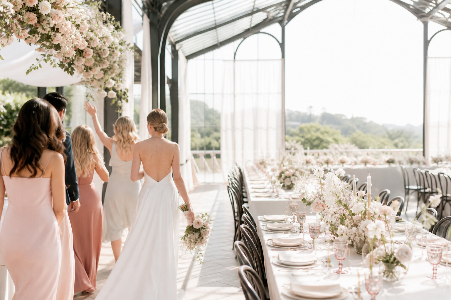 A bright floral celebration in a glasshouse