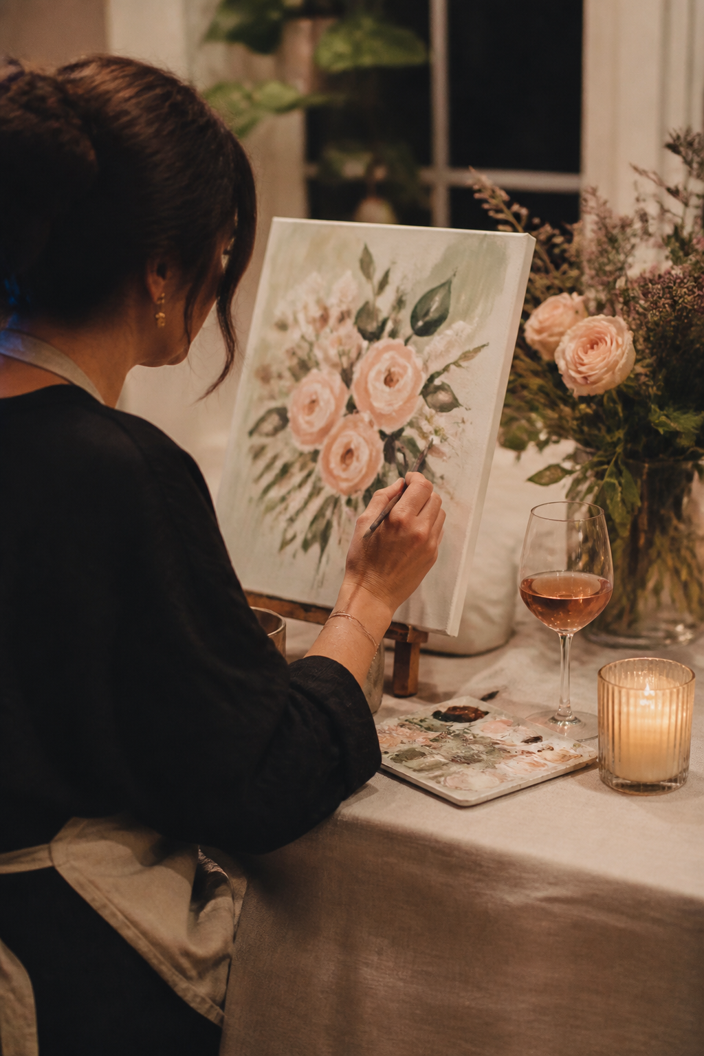 Fresh flowers and paint brushes laid out for a creative gathering