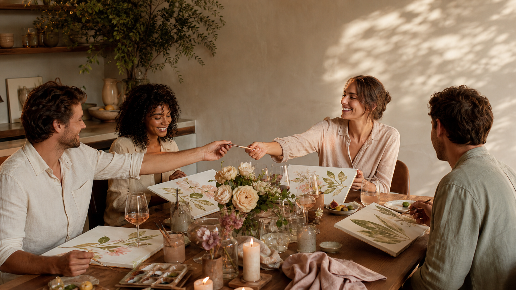 Friends enjoying a paint evening around a home table